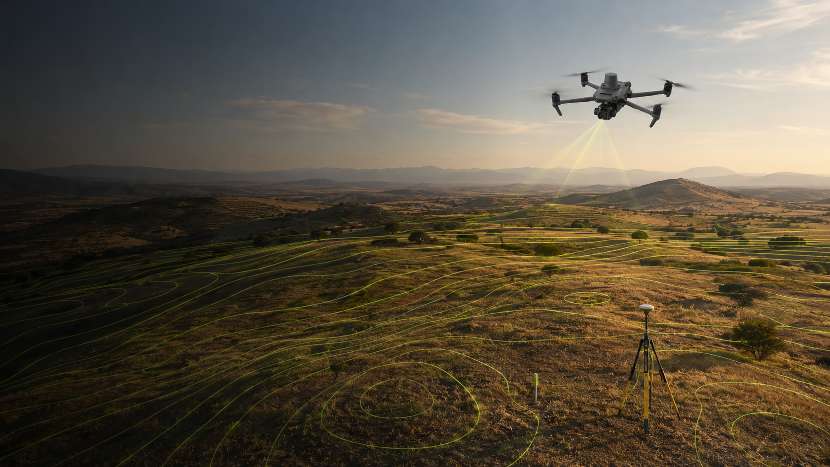 Dron escaneando terreno en levantamiento RTK